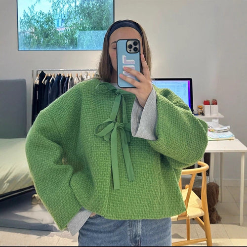 Damen oversized Strickjacke mit dekorativem Binde-Detail Drune