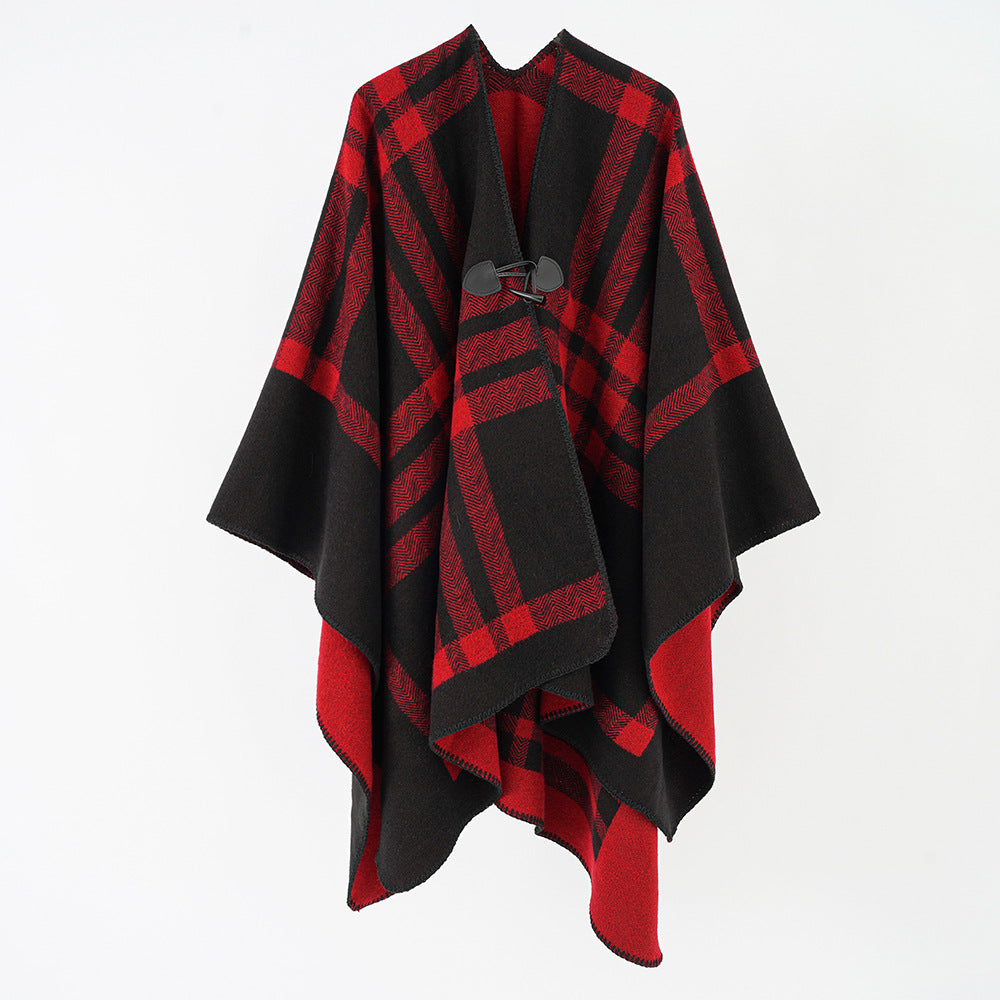 Damen Luxuriöser Geometrischer Poncho aus weichem Material mit dezenter Knopfverzierung Drune