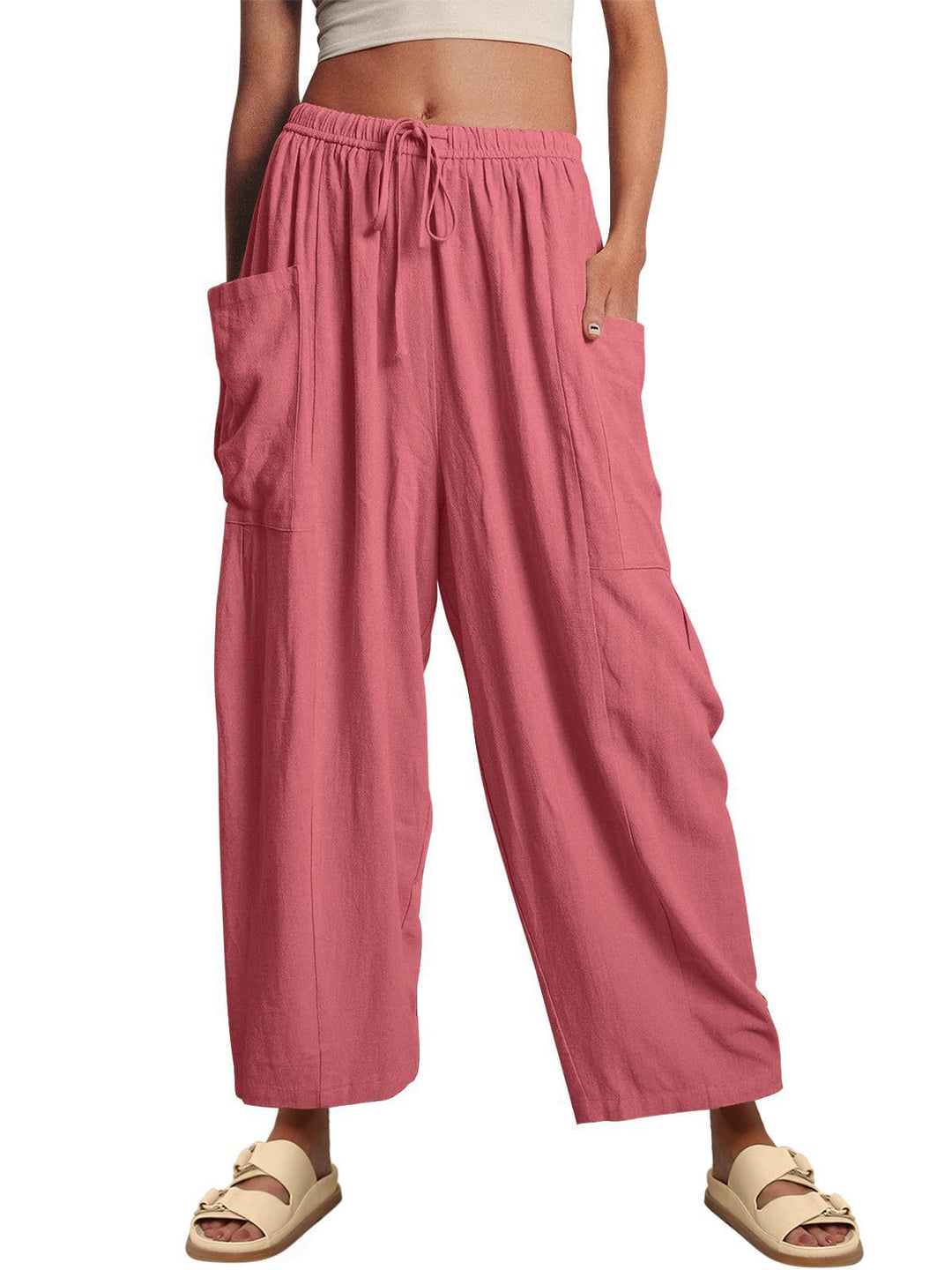 Damen nan weite Palazzohose aus leichtem Leinenmix mit Tunnelzug und seitlicher Tasche Drune