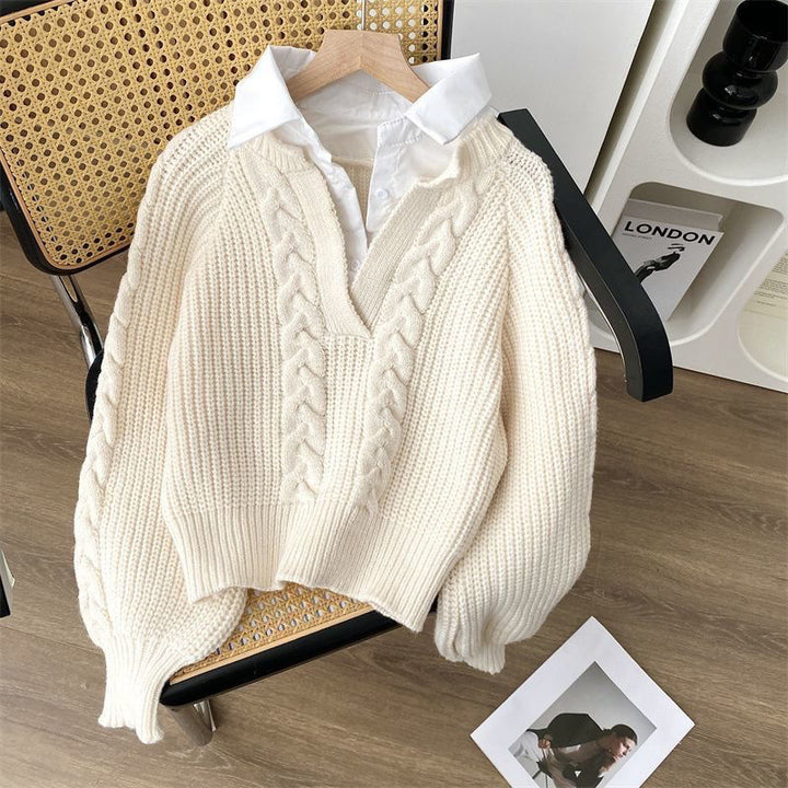 Damen Stilvoller Strickpullover mit tiefem V-Ausschnitt und Zopfmuster Drune