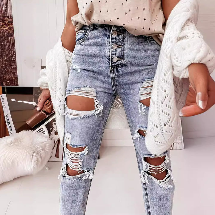 Damen Destroyed Jeans im lässigen Boyfriend-Schnitt mit hohem Bund und Details Drune