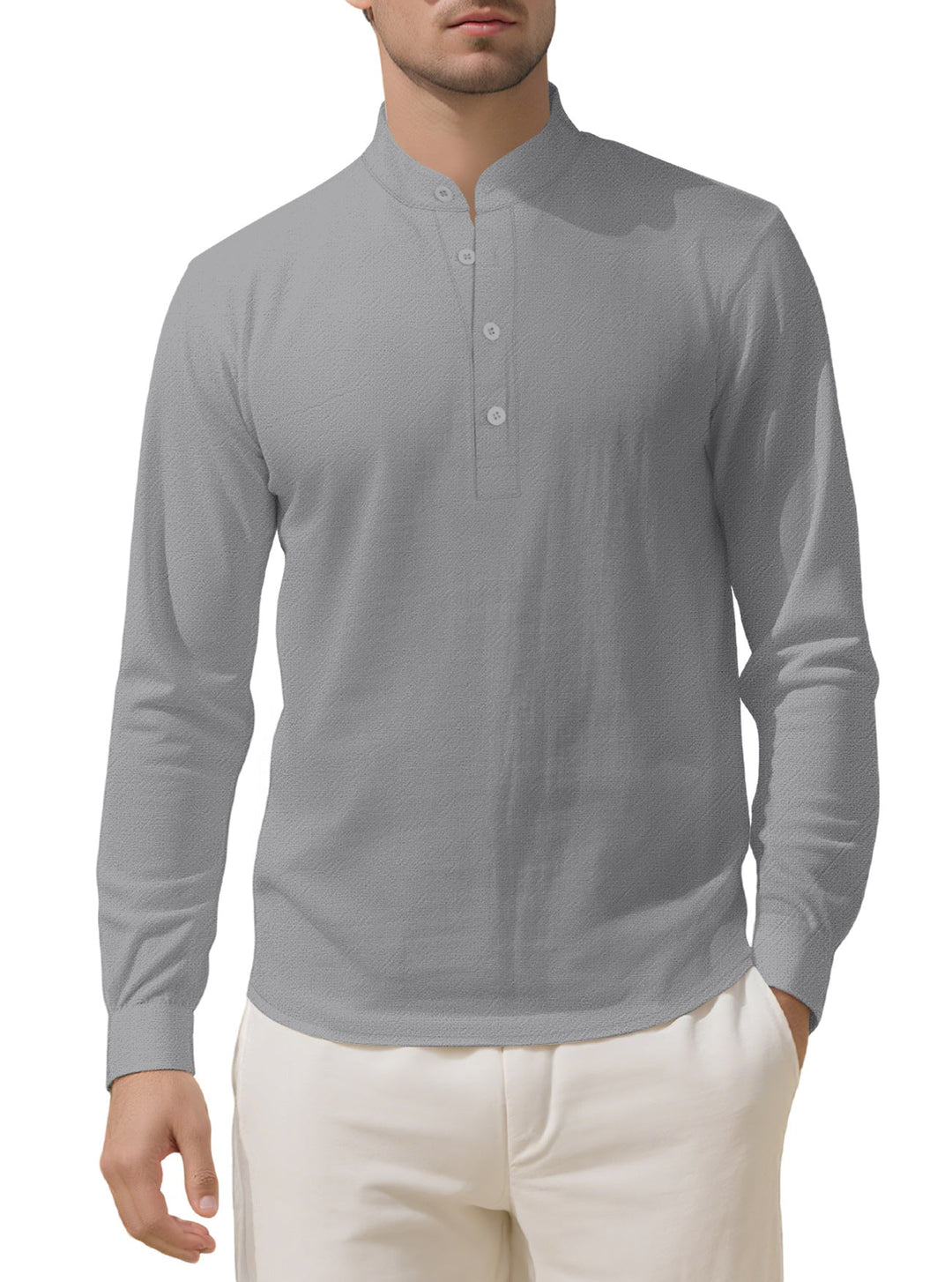 Herren nan Nehru-Kragen-Henley aus Baumwollstretch mit verdeckter Knopfleiste und schmaler Passform Drune