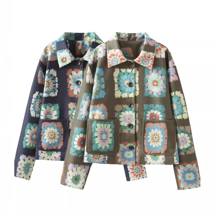 Damen modische Jacke mit floralem Muster und praktischen Taschen Drune