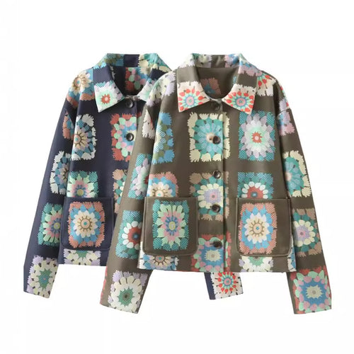 Damen modische Jacke mit floralem Muster und praktischen Taschen Drune