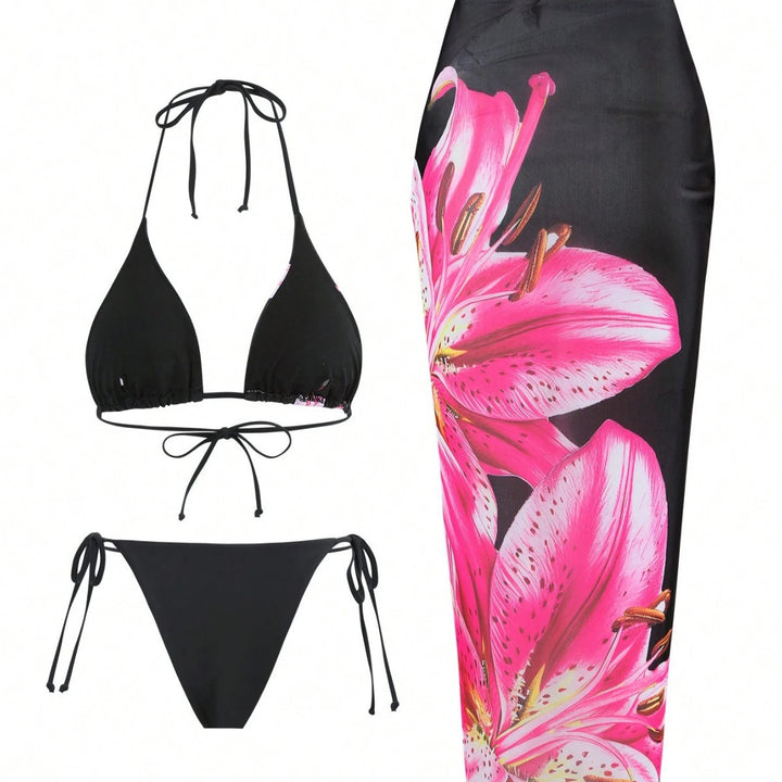 Damen Bikini-Set mit floralem Muster und passendem Wickelrock Drune