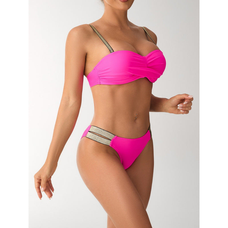 Damen Bandeau Bikini mit elegantem Wickeldetail und sportlichen Akzenten Drune