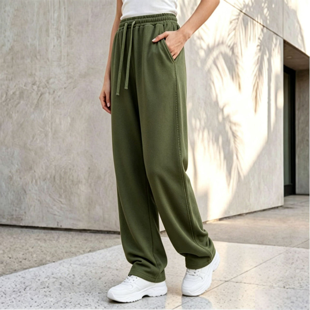 Damen nan weite Loungepalazzo-Hose mit hohem Komfortbund, Kordelzug, seitlichen Eingrifftaschen und dekorativer Seitennaht Drune