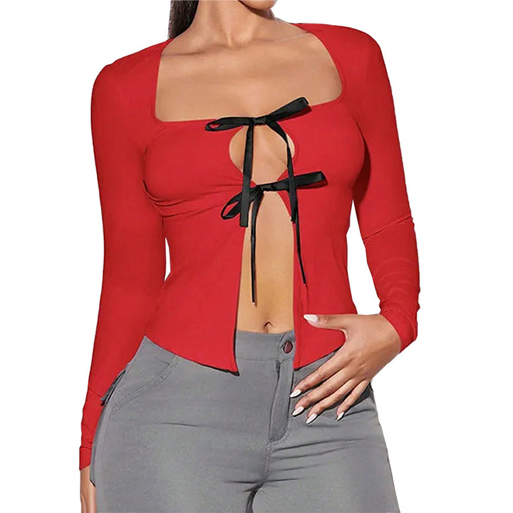 Damen Langarmshirt mit verführerischem Schlüssel-Ausschnitt und raffinierten Schleifen Drune