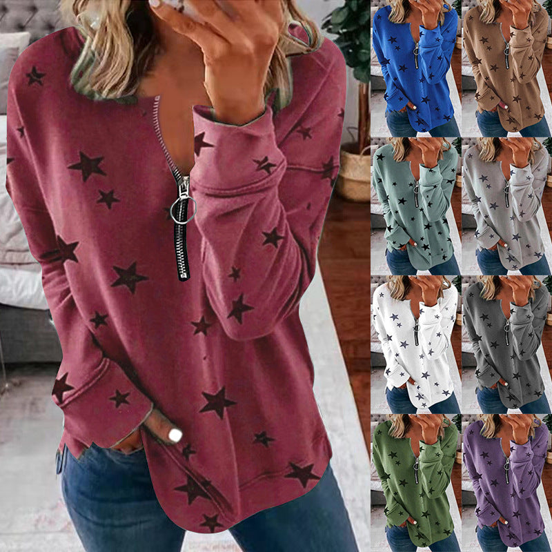 Damen Lässiger Sweatshirt mit Reißverschluss und Sternenmotiv Drune
