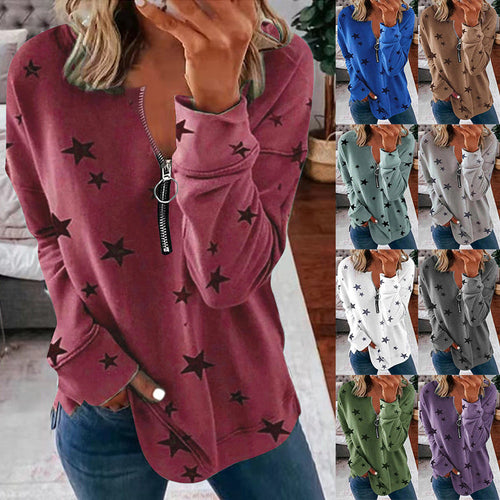 Damen Lässiger Sweatshirt mit Reißverschluss und Sternenmotiv Drune