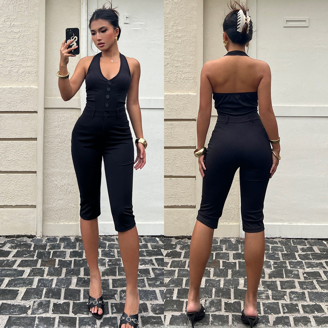Damen Jumpsuit mit tiefem V-Ausschnitt und elegantem Knopfdetail Drune