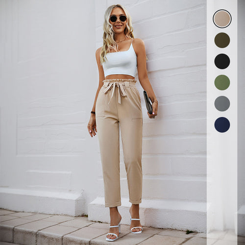 Damen elegante Bundfaltenhose mit Bindegürtel Drune