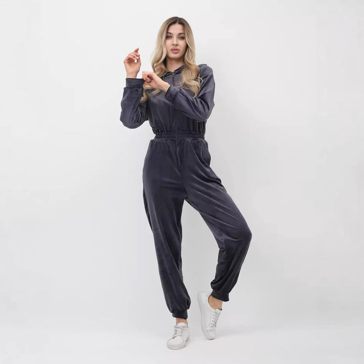 Damen Velours-Jumpsuit mit Kapuze und elastischem Bund Drune