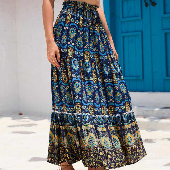 Damen nan Maxirock im Boho‑Stil mit Stufen, gerafftem Elastikbund und Paisley‑Print Drune