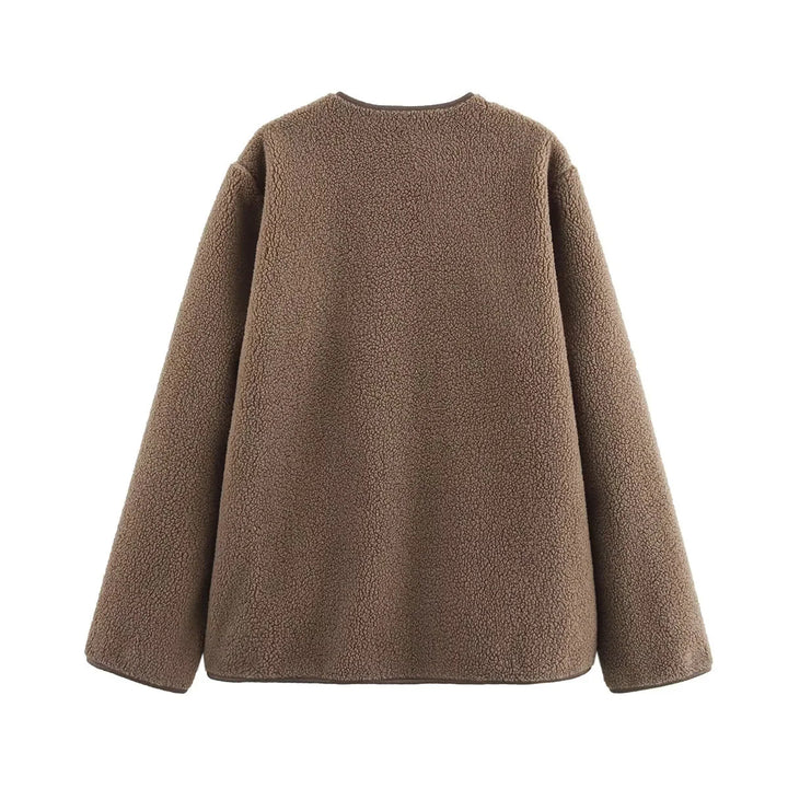Damen kuschelige Teddyjacke mit praktischen Taschen und Knopfverschluss Drune