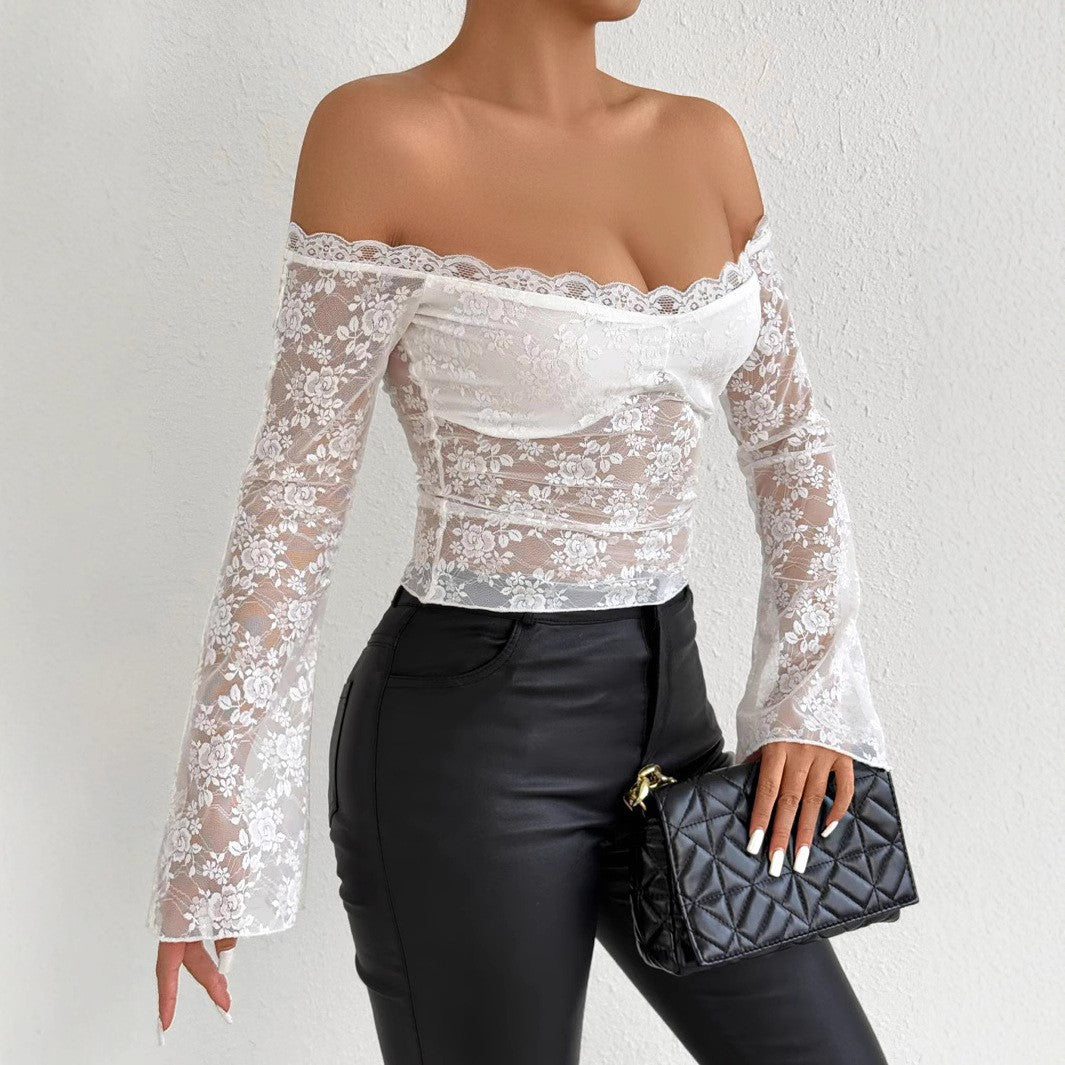 Damen Spitzenoberteil mit schulterfreiem Design und eleganten Trompetenärmeln Drune