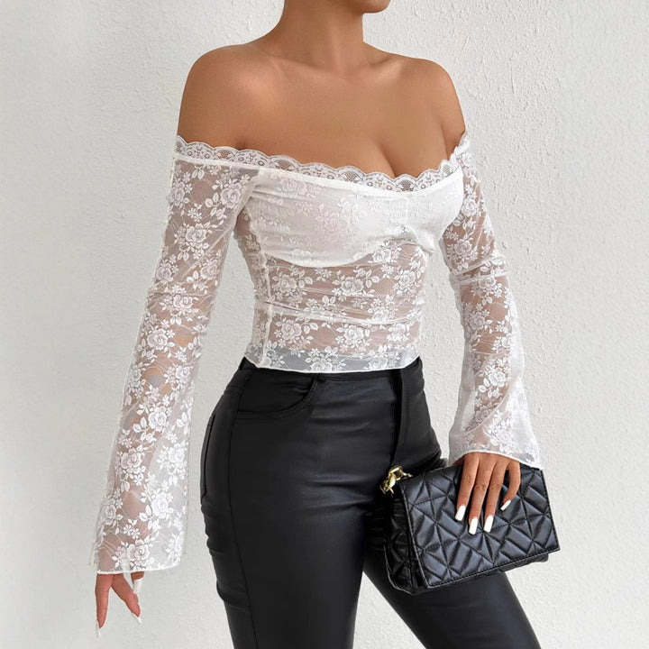 Damen Spitzenoberteil mit schulterfreiem Design und eleganten Trompetenärmeln Drune