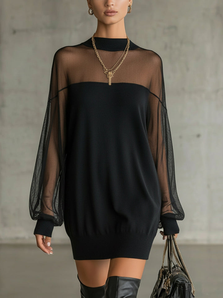 Damen Luftiges Minikleid mit transparenten Ärmelpartien und stylischem Highneck Drune