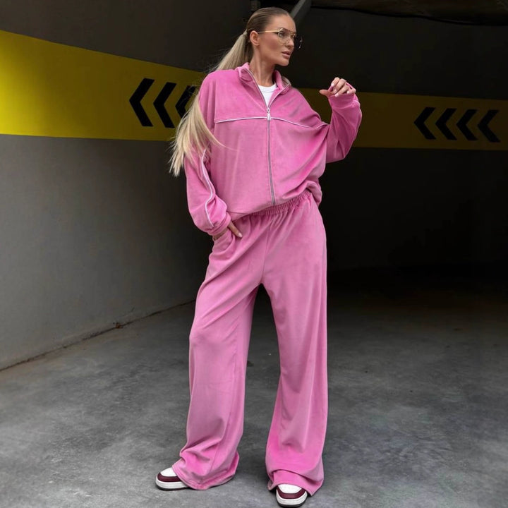 Damen sportlicher Velours-Loungewear-Anzug mit weitem Schnitt und elastischem Bund Drune