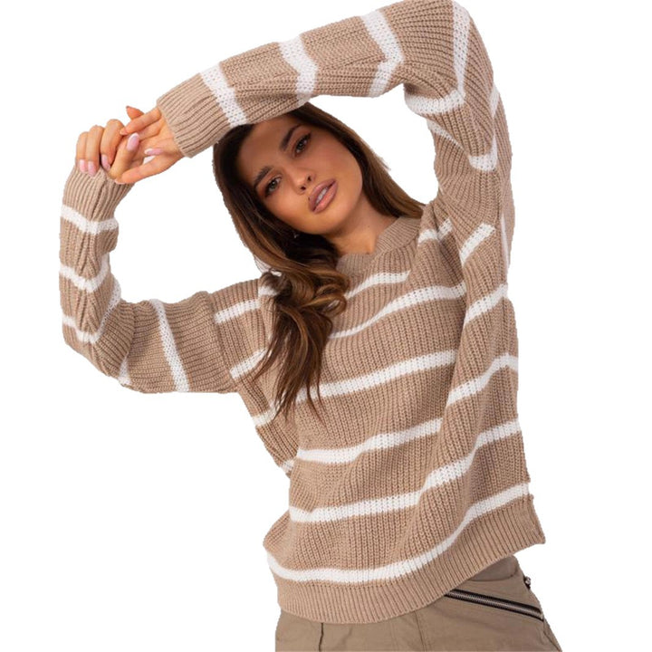 Damen Grobstrickpullover mit lässigem Streifenmuster und rundem Halsausschnitt Drune