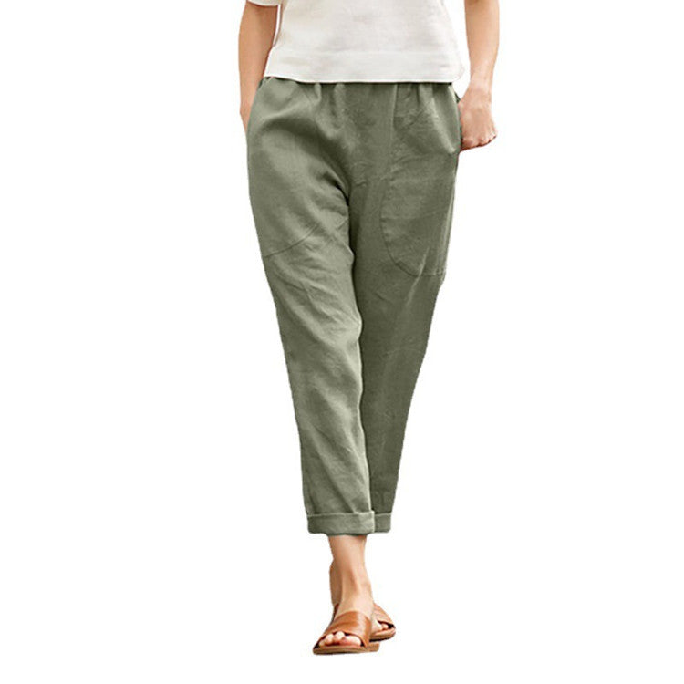 Damen nan leichte Leinenhose mit elastischem Bund, seitlichen Eingrifftaschen und gekrempeltem Saum Drune