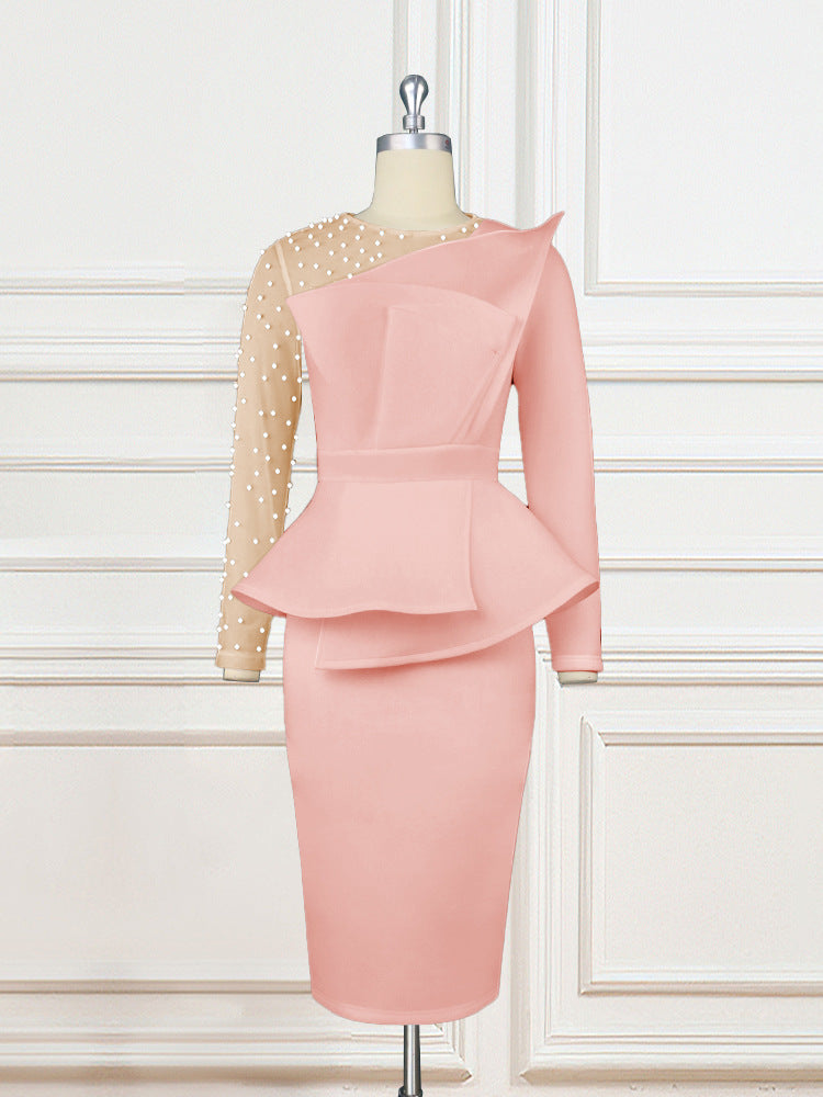 Damen Etuikleid mit transparenten Puffärmeln und dekorativem Peplum Drune