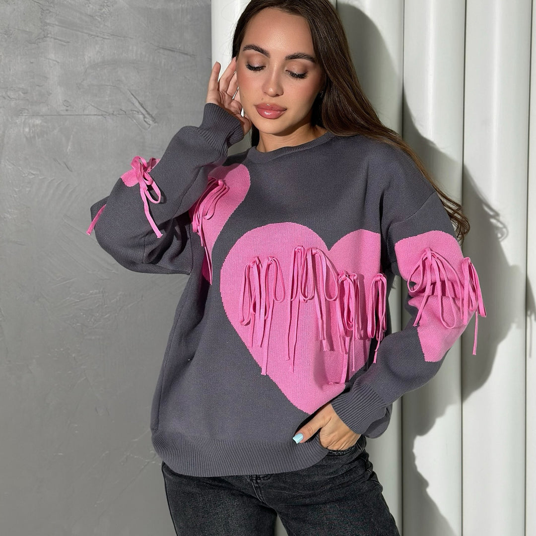 Damen modischer Pullover mit fröhlichem Herzdesign und kreativen Fransen Drune
