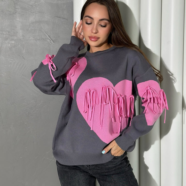 Damen modischer Pullover mit fröhlichem Herzdesign und kreativen Fransen Drune