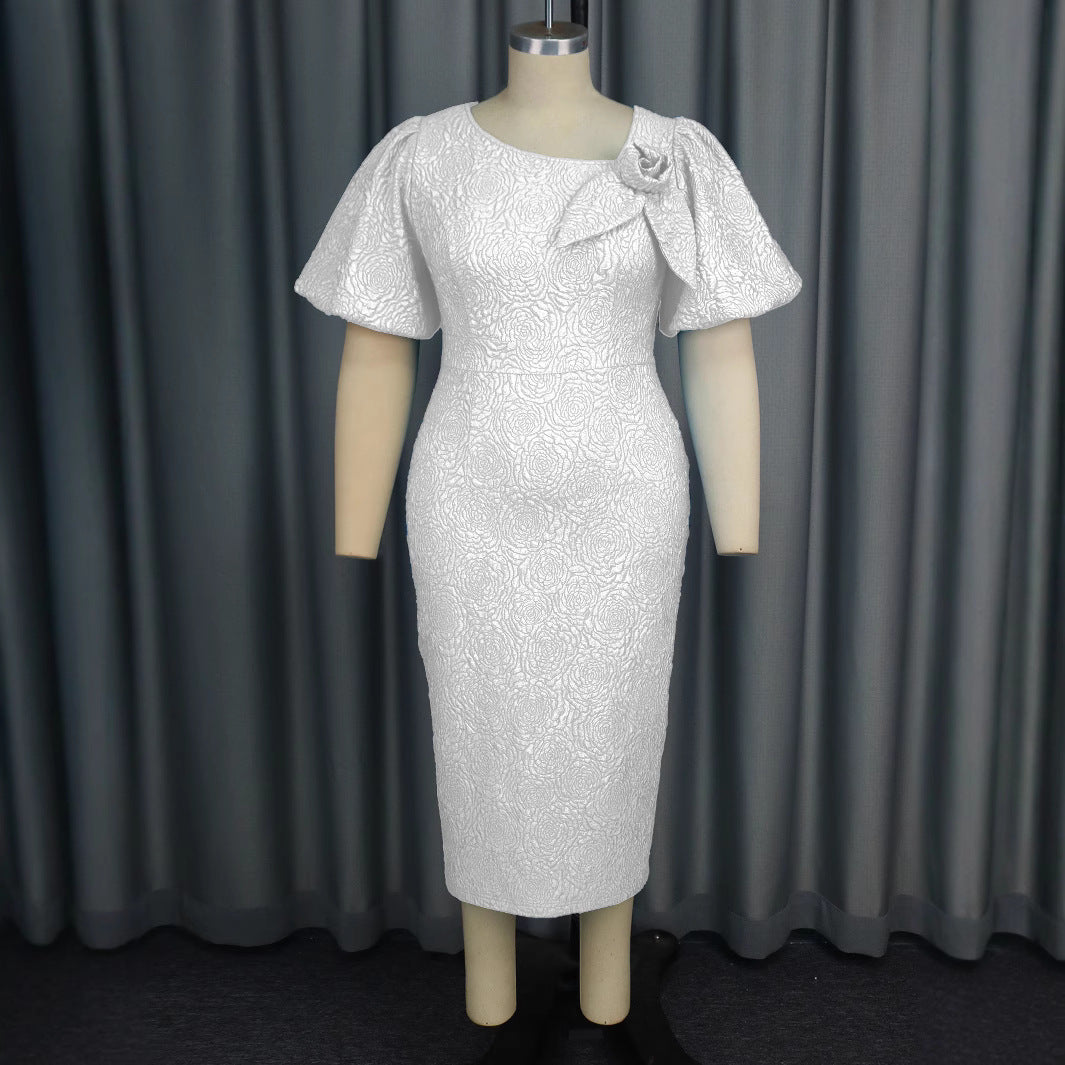 Damen elegantes Etuikleid mit fließenden Puffärmeln und Blumenapplikation Drune