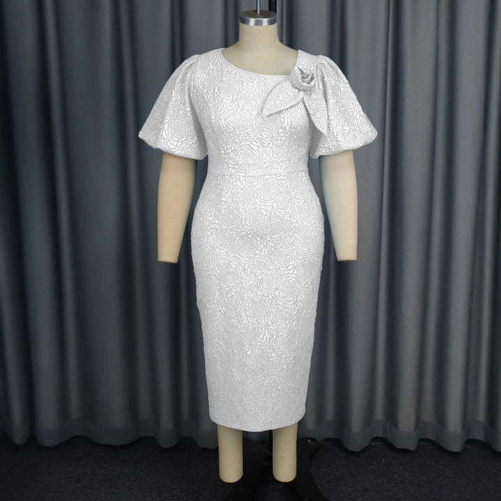 Damen elegantes Etuikleid mit fließenden Puffärmeln und Blumenapplikation Drune