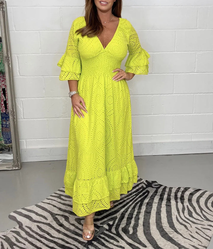 Damen Maxikleid mit floraler Lochstickerei und weiten Ärmeln Drune