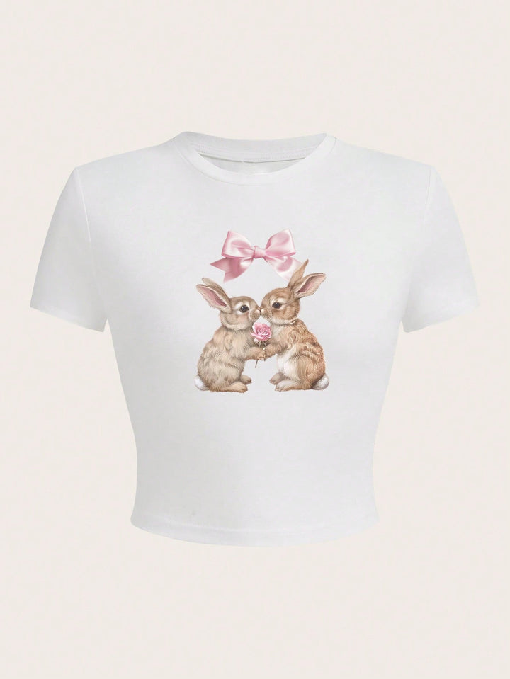 Damen Crop-Top mit entzückendem Kaninchenmotiv und Schleifendruck Drune