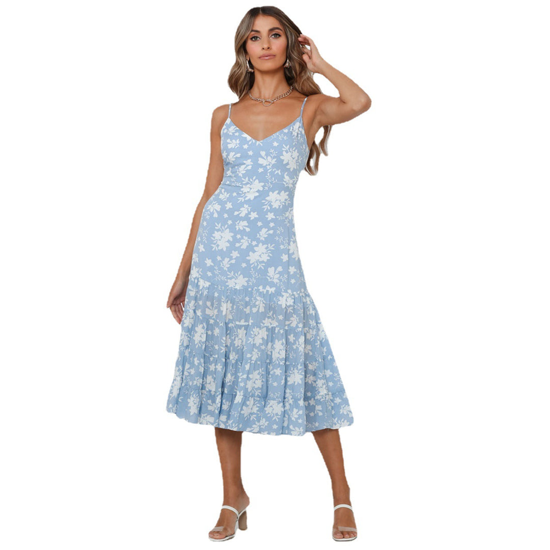 Damen Midi-Kleid mit floralen Rüschen und schwingendem Rock Drune