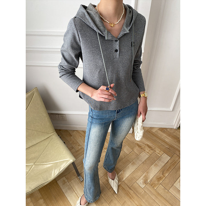 Damen lässiger Kapuzenpullover mit feiner Knopfleiste und praktischen Details Drune