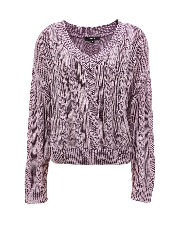 Damen Strickpullover mit Zopfmuster und V-Ausschnitt Drune