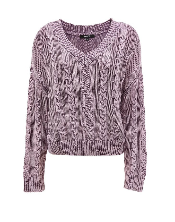 Damen Strickpullover mit Zopfmuster und V-Ausschnitt Drune