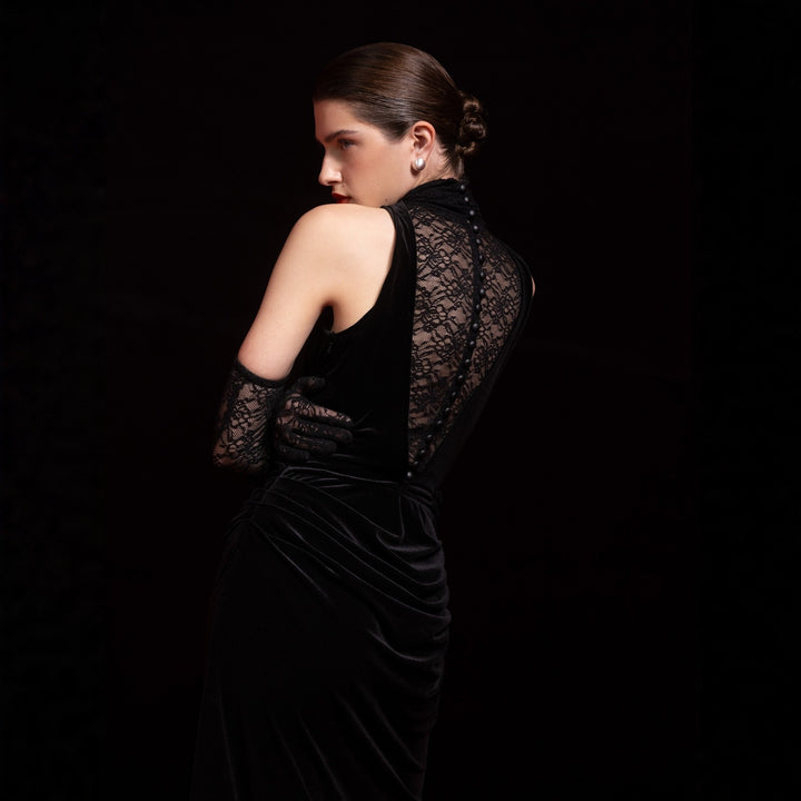 Damen Elegantes Abendkleid mit raffiniertem Spitzen- und Drapierungsdetail Drune