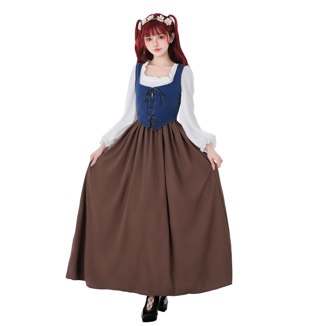Damen nan mittelalterliches Dirndlkleid mit Schnürmieder, weiten Rüschenärmeln und bodenlangem Rock Drune