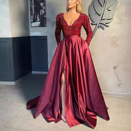 Damen Glamouröses Abendkleid mit funkelnden Pailletten und hohem Schlitz Drune