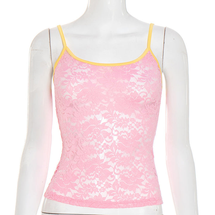 Damen Spitzen Trägershirt mit dekorativem Farbkontrast Drune