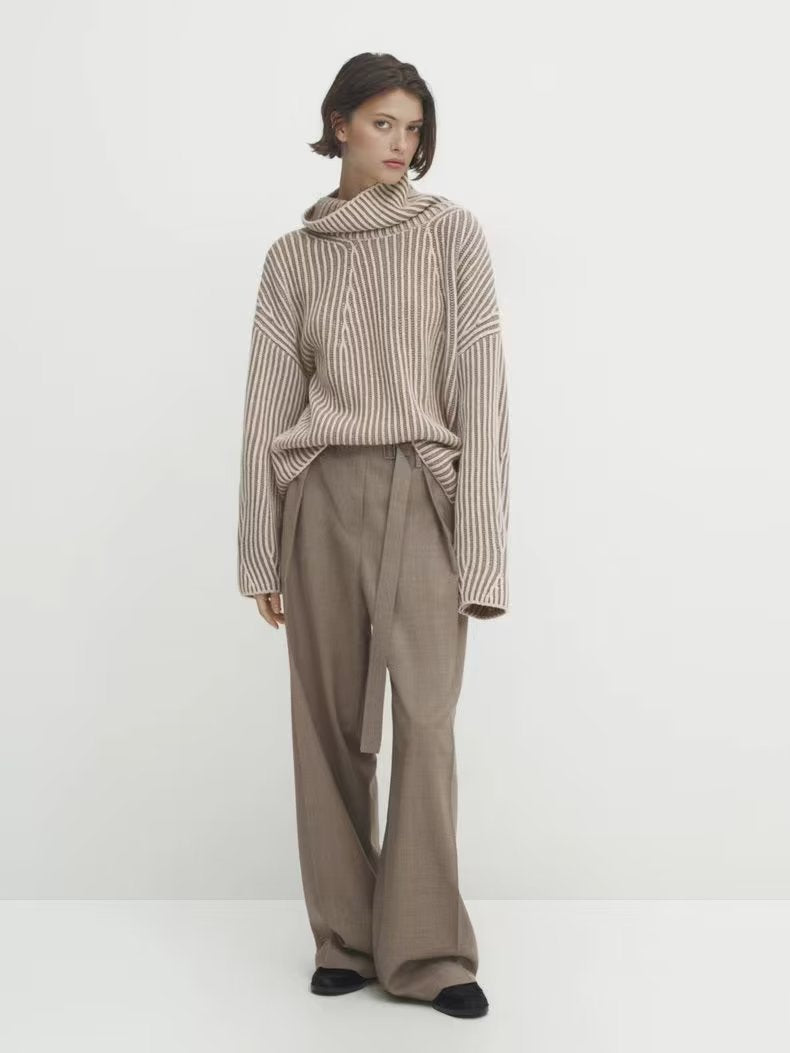 Damen gemütlicher Strickpullover mit hohem Kragen und modernen Streifen Drune