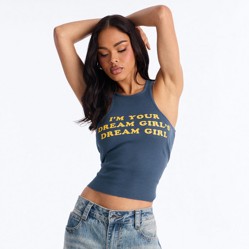 Damen Figurbetontes Crop-Top mit kreativem Schriftzug Drune