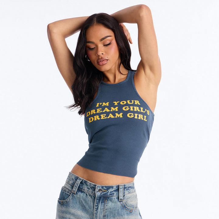 Damen Figurbetontes Crop-Top mit kreativem Schriftzug Drune