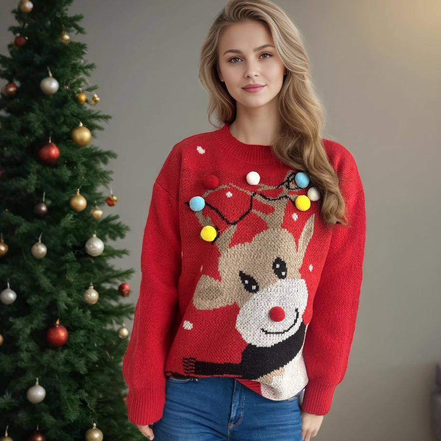 Damen weihnachtlicher Pullover mit einzigartigem Rentiermotiv und bunten Applikationen Drune