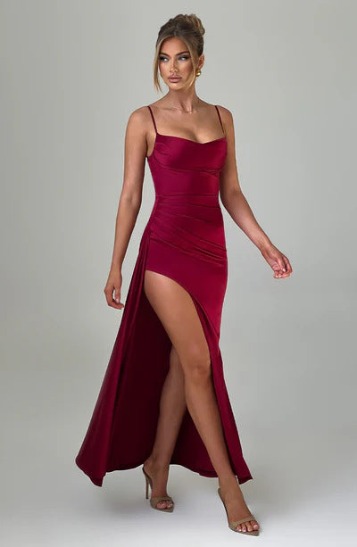 Damen Elegantes Hochgeschlossenes Maxikleid mit seitlichem Schlitz und feinen Spaghettiträgern Drune