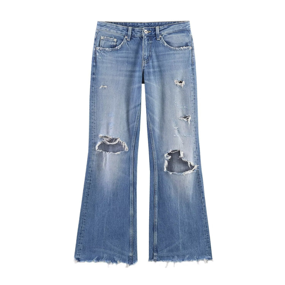 Damen Flared Jeans mit Destroyed-Effekten und Fransenabschlüssen Drune