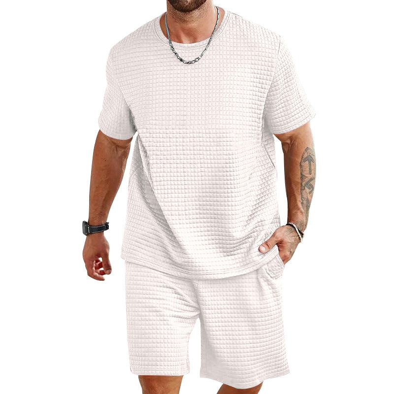 Herren nan Waffelstruktur Wohn- und Freizeit-Set mit weit geschnittenem Kurzarmshirt und kurzer Hose mit elastischem Bund Drune