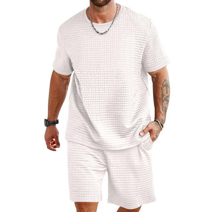 Herren nan Waffelstruktur Wohn- und Freizeit-Set mit weit geschnittenem Kurzarmshirt und kurzer Hose mit elastischem Bund Drune