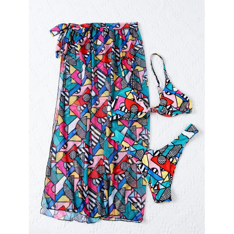 Damen Bikini-Set mit modischem Wickelrock und buntem Grafikdruck Drune
