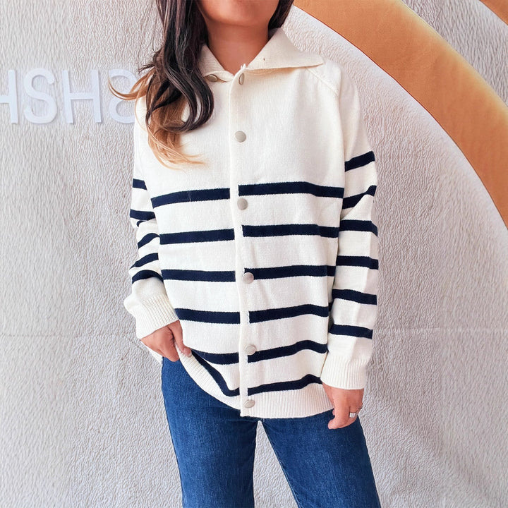 Damen gestreifter Strickcardigan mit Kapuze und Knopfdetails Drune